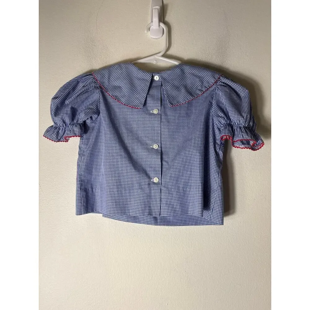 Girls Vintage Amanda Remembered Blue&White check smocked puff sleeve top Sz 3
